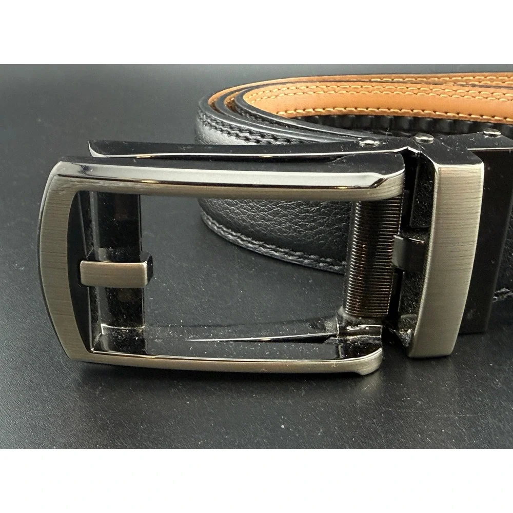 Comfort Click Mens Ratchet Belt Black Leather Gunmetal Buckle Adjustable 45 inch